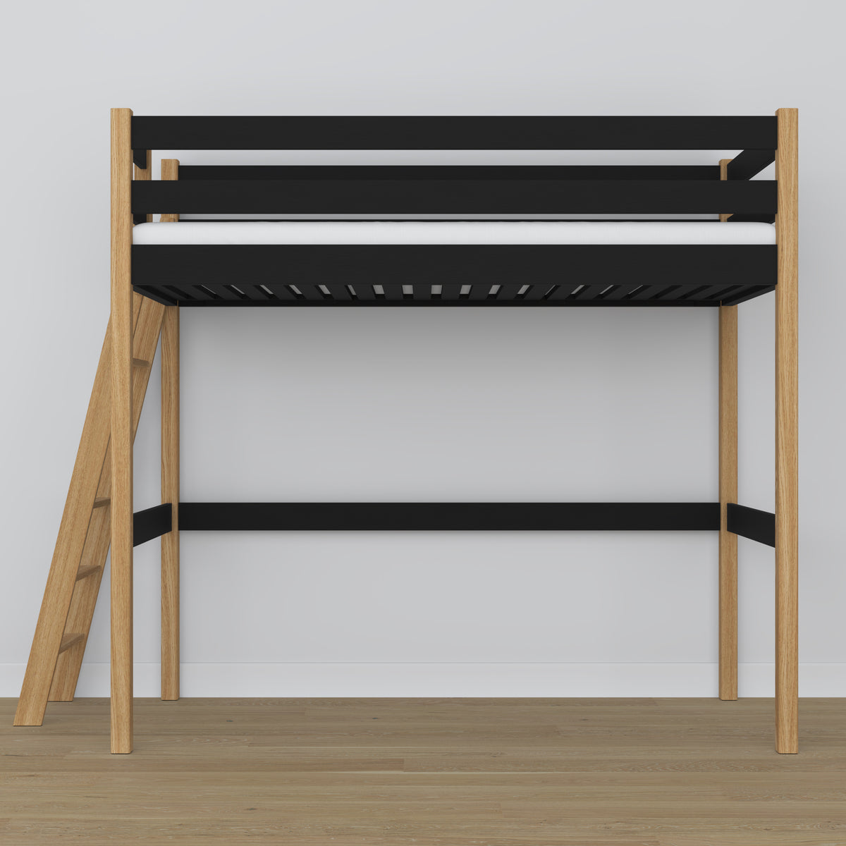 Black and Oak Wooden Loft Bed – Slatted Frame, Side View