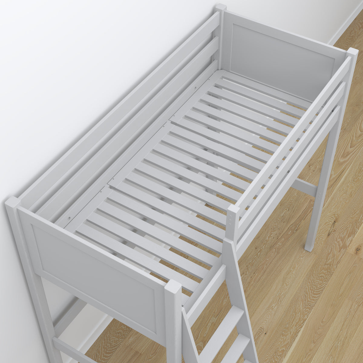 Loft bed grey – wooden desk under the sleeping area, scandi children’s room