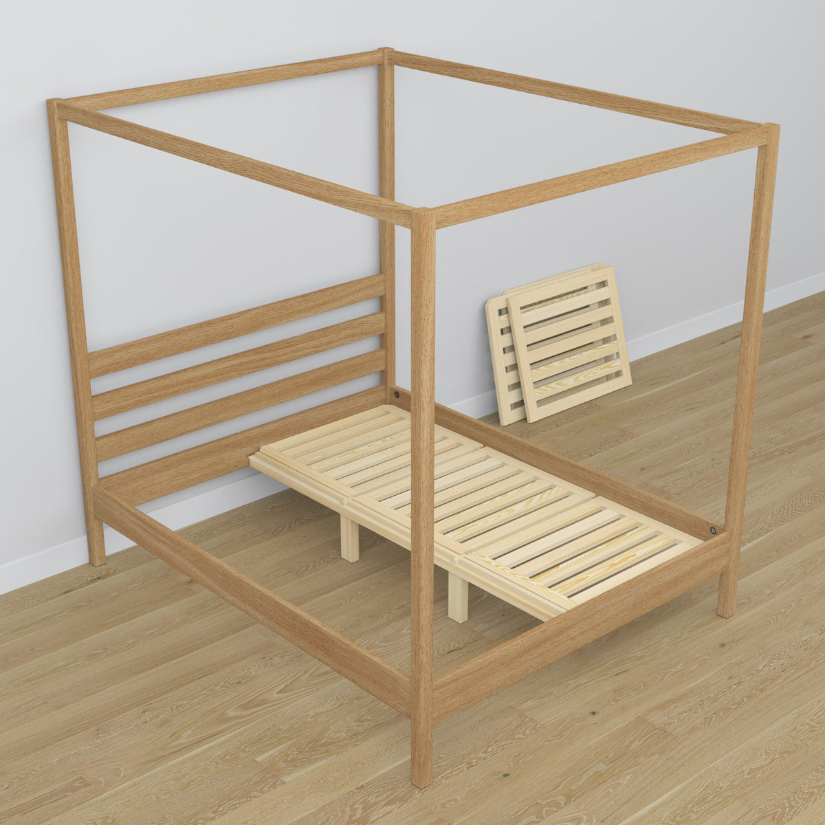 Natural oak canopy bed made of oak – side view, scandi style
