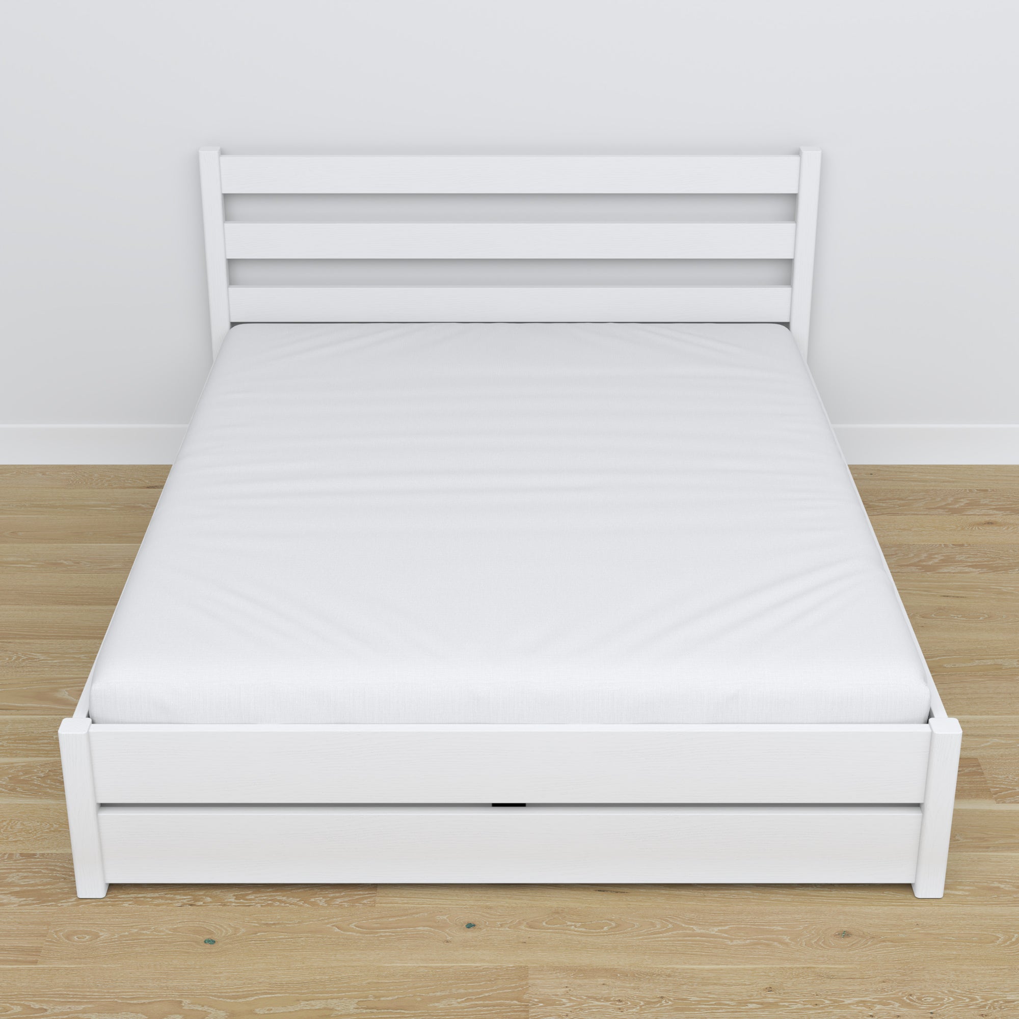 Wooden double bed with drawer white – angled view, scandi bedroom
