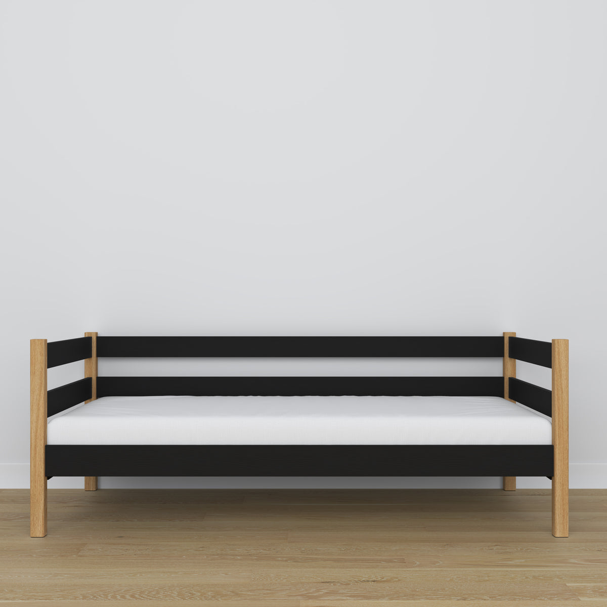 Łóżko sofa drewniane czarno-dębowy – detale drewna i złączeń, Nizio Home
