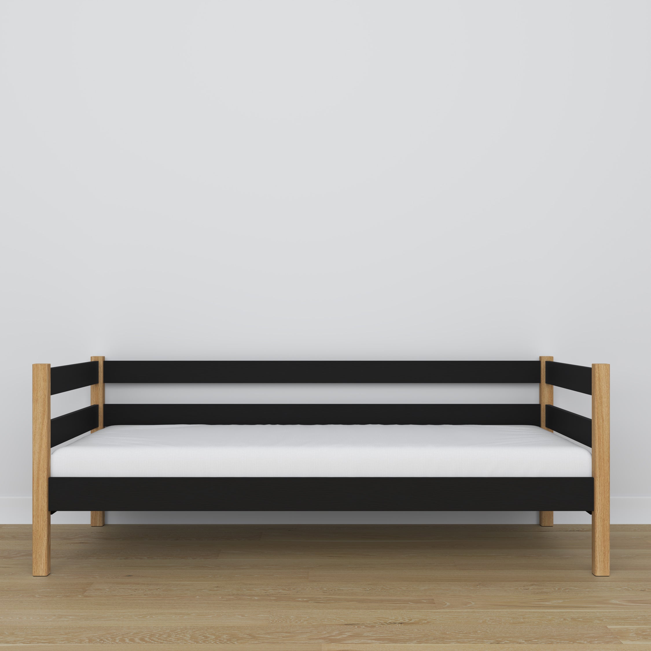 Łóżko sofa drewniane czarno-dębowy – detale drewna i złączeń, Nizio Home