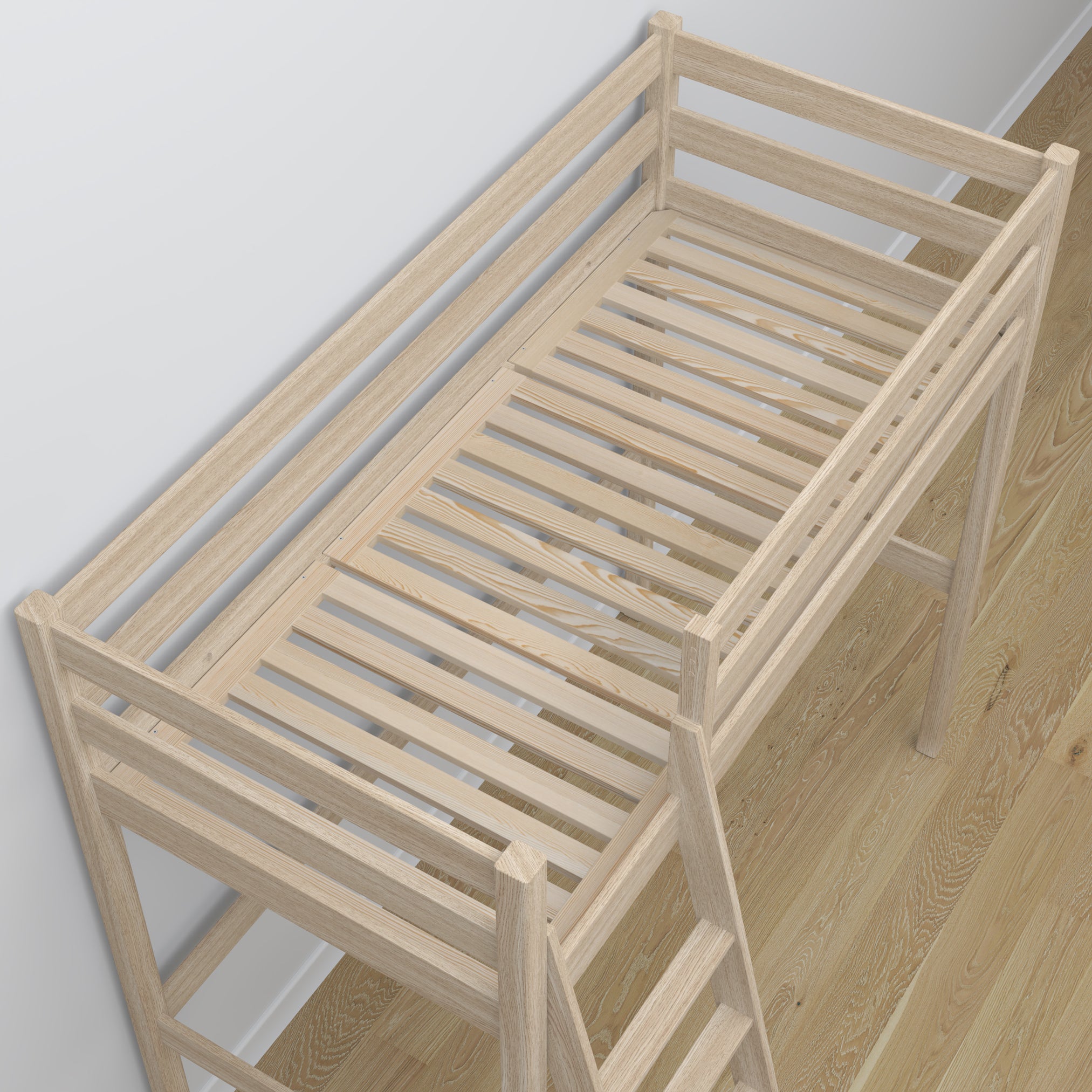 Loft bed bleached oak oak – top view of the sleeping area, Nizio