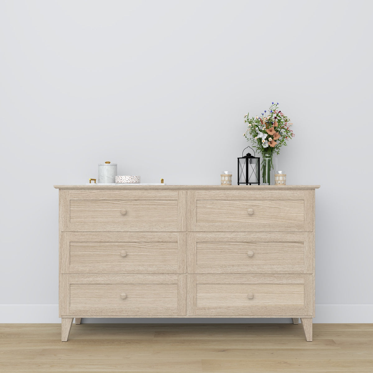 Chest of drawers 6S bleached oak wood – side view, depth and profile