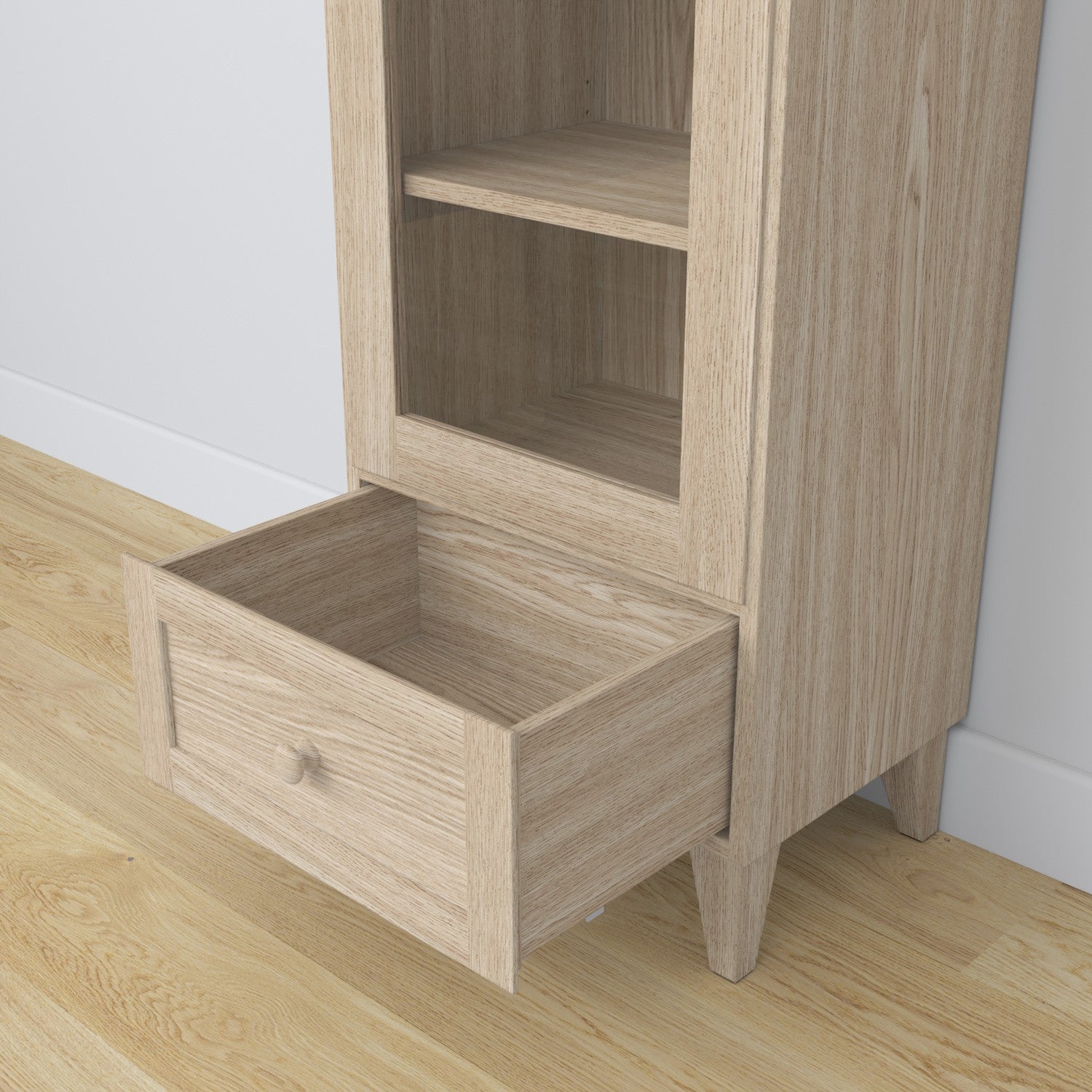 Display cabinet 1S 57 bleached oak made of oak – side view, depth and profile