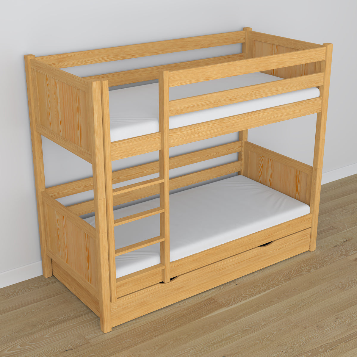 Natural Pine Wooden Bunk Bed – Open Drawer, Spacious Storage Under the Bed