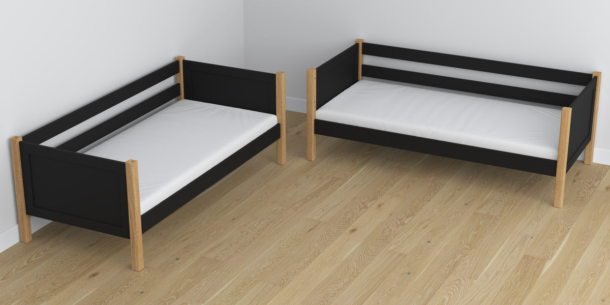 Black and Oak Bunk Bed – Wooden Slatted Frame, Mattress Drawer