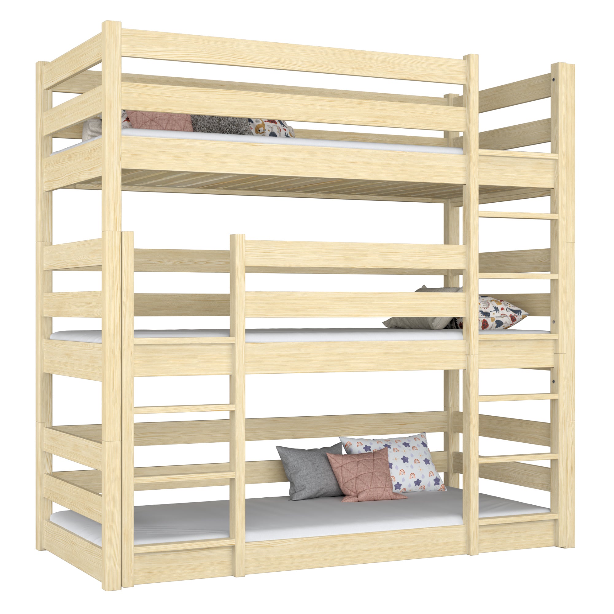 Triple bunk bed wooden clear pine – three sleeping places, scandi children’s room
