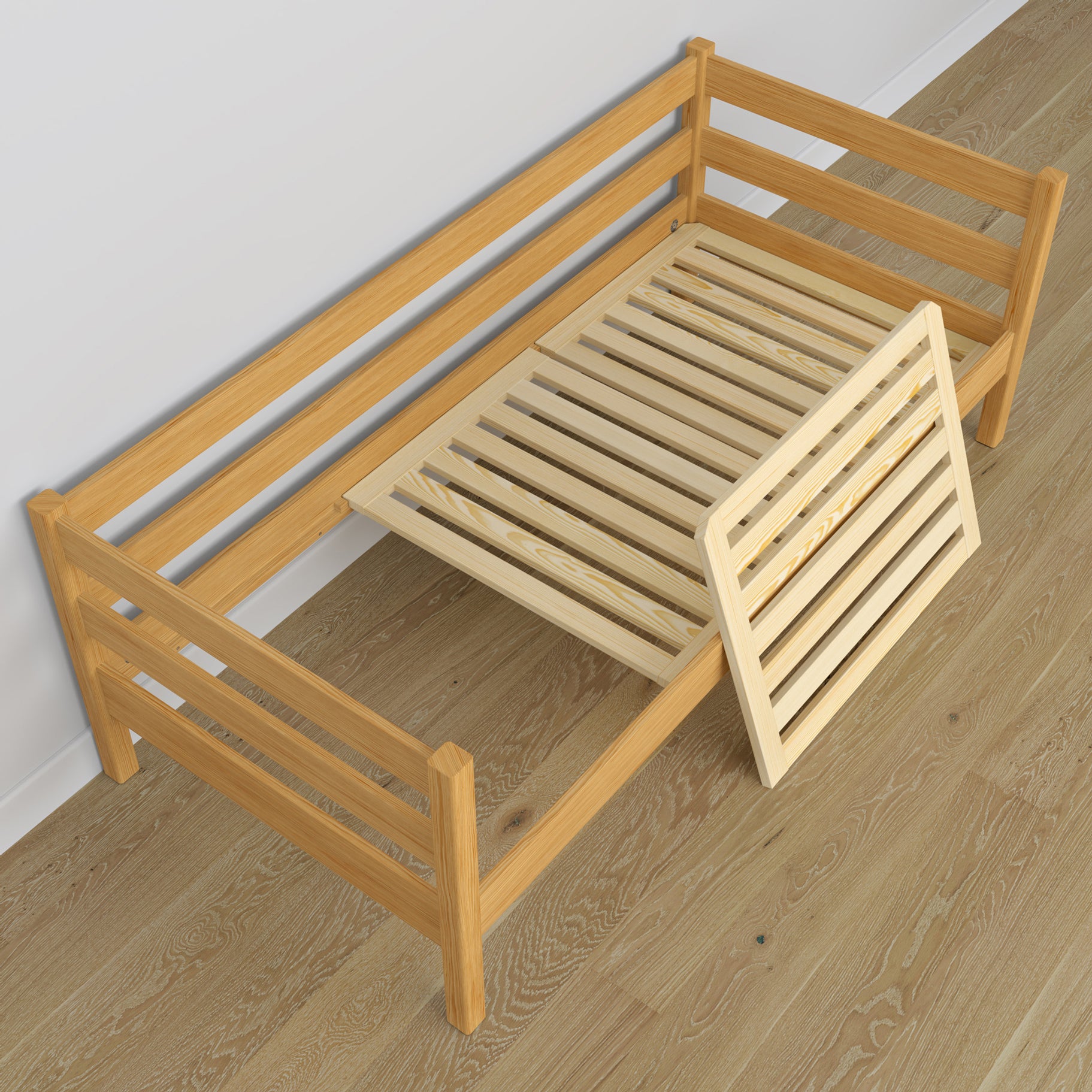 Łóżko sofa drewniane sosna naturalna – widok od wezgłowia, pokój dziecięcy