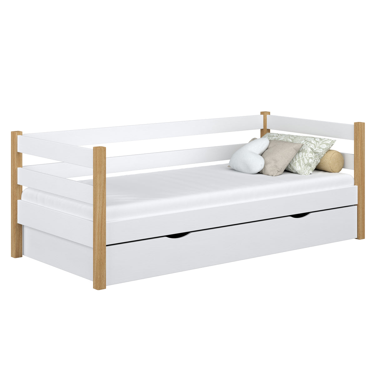 Sofa bed white-oak – wooden side barrier, side view, Nizio