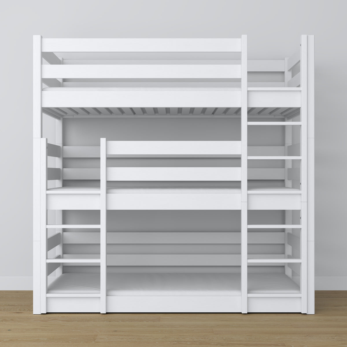 Triple bunk bed white – ladder and safety rails, wooden