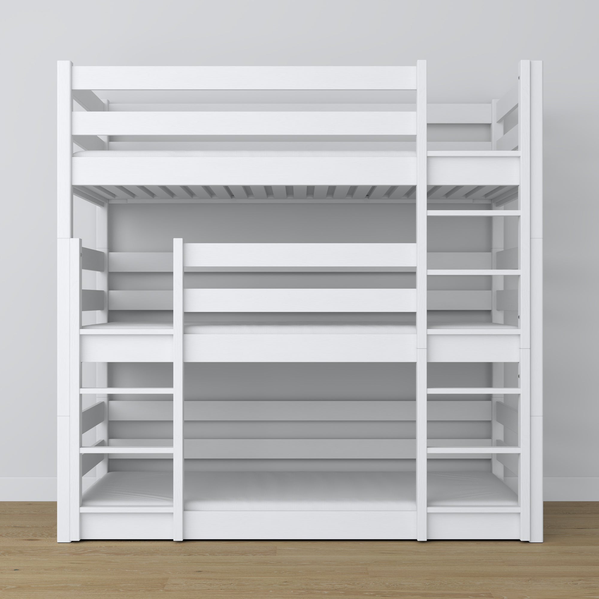 Triple bunk bed white – ladder and safety rails, wooden