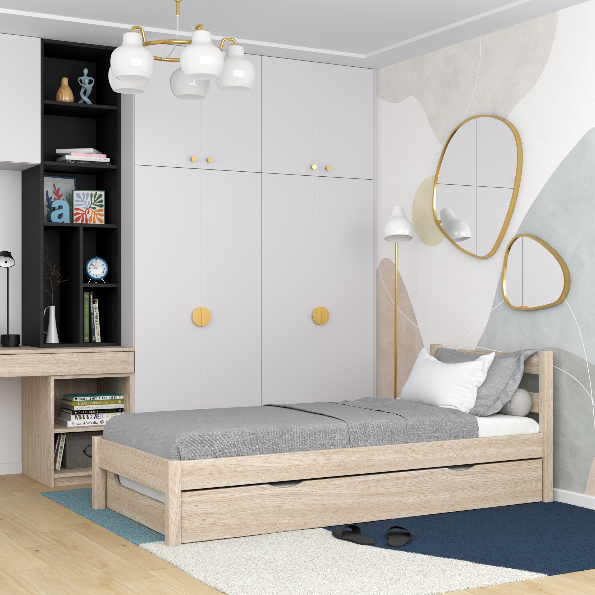 Oak bed with mattress drawer bleached oak – extended drawer, guest
