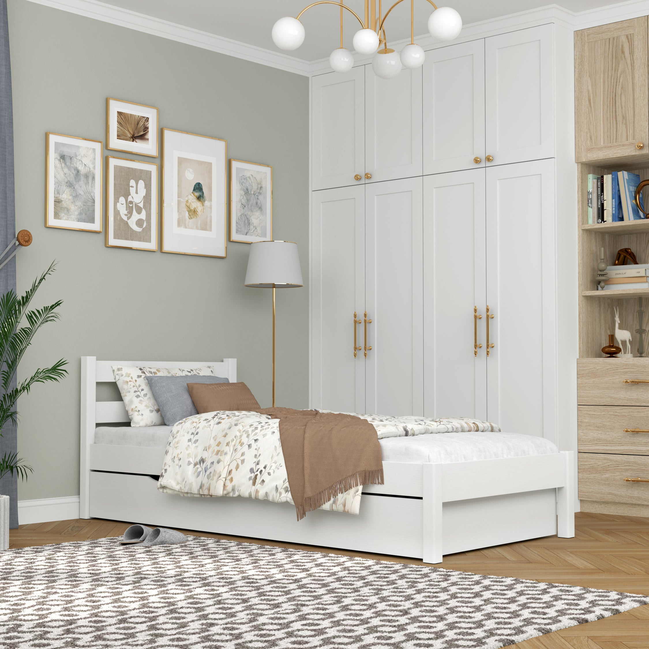 Wooden bed with drawer white – open drawer, storage interior