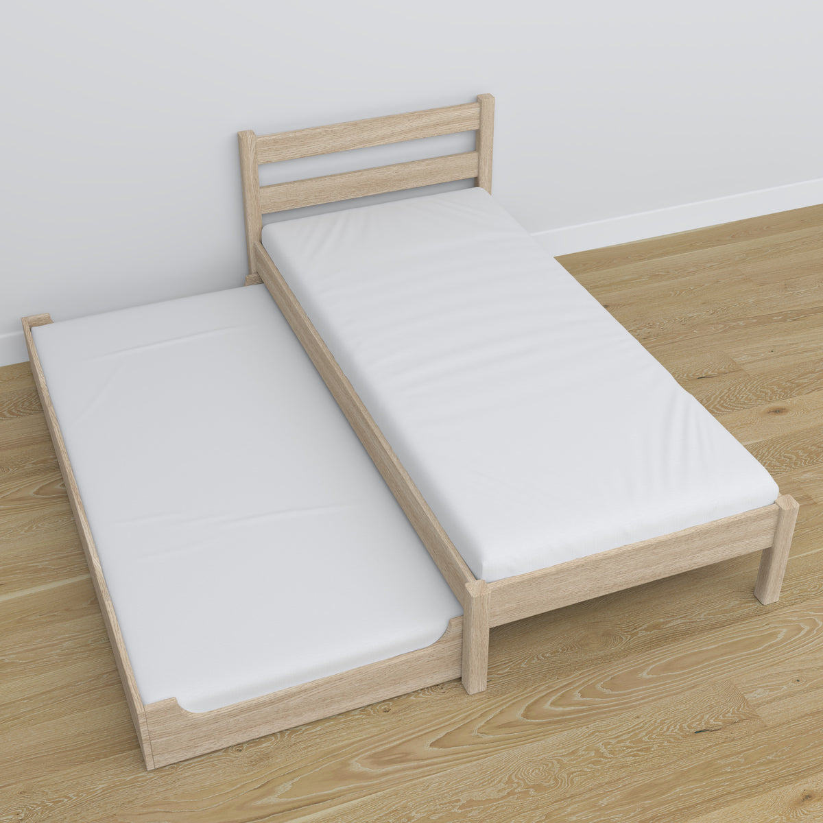 Bed with mattress drawer bleached oak made of oak – dimensions, Nizio