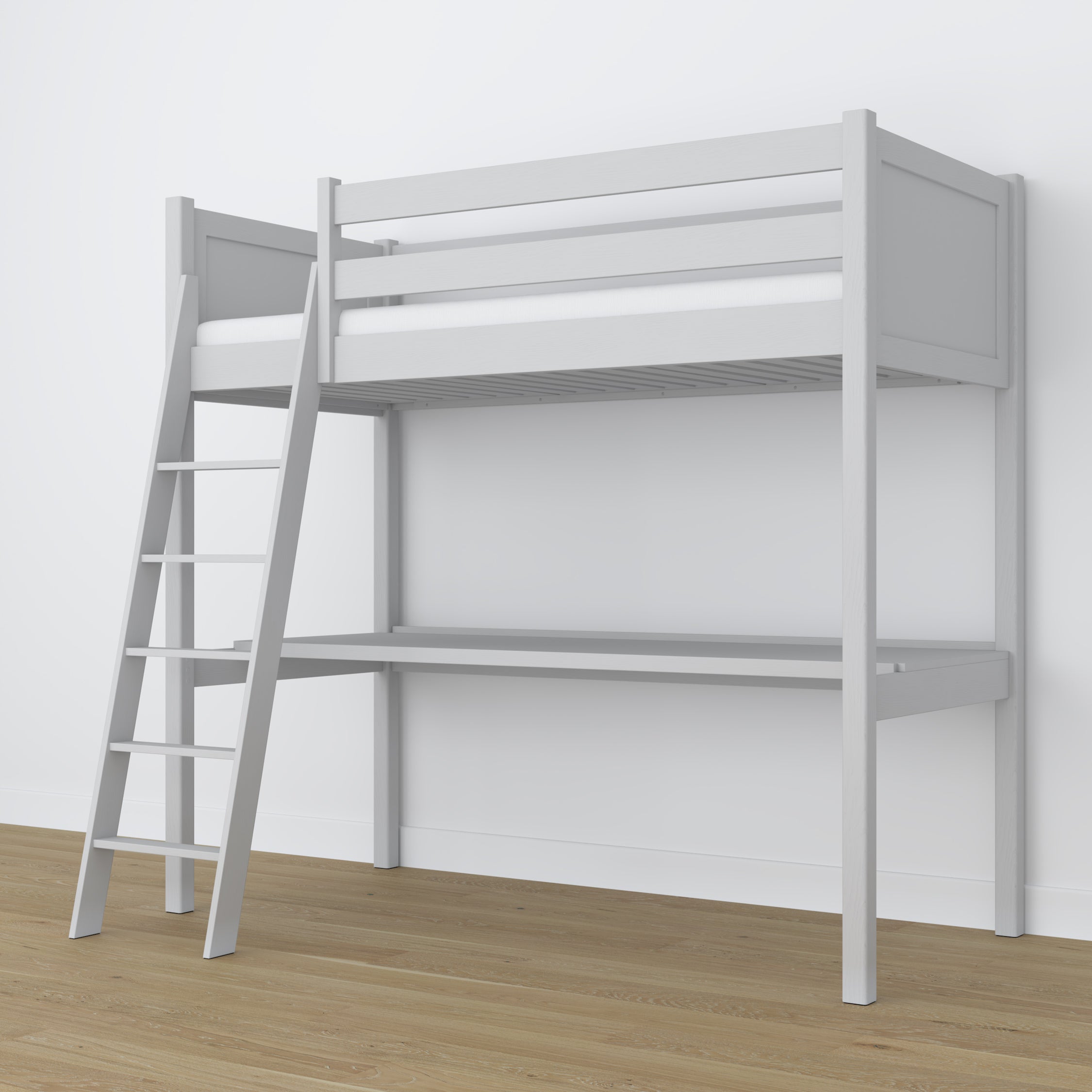 Grey Wooden Loft Bed with Desk – Ladder and Safety Rail
