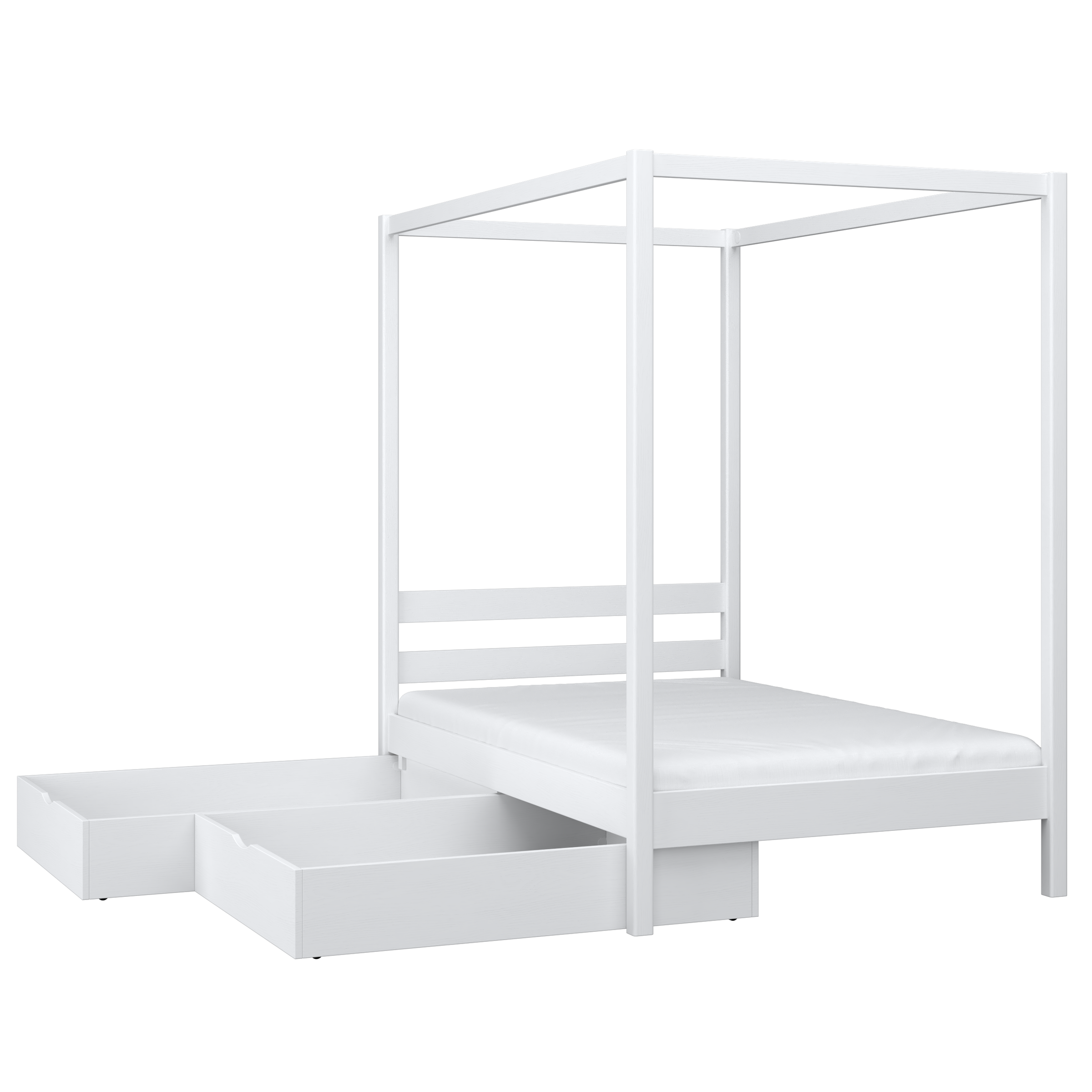 Wooden white canopy bed – angled view, craftsmanship quality