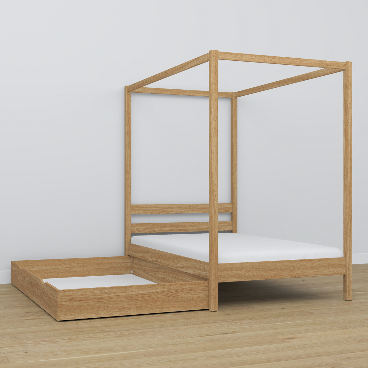 Oak canopy bed natural oak in a child’s room – scandi arrangement