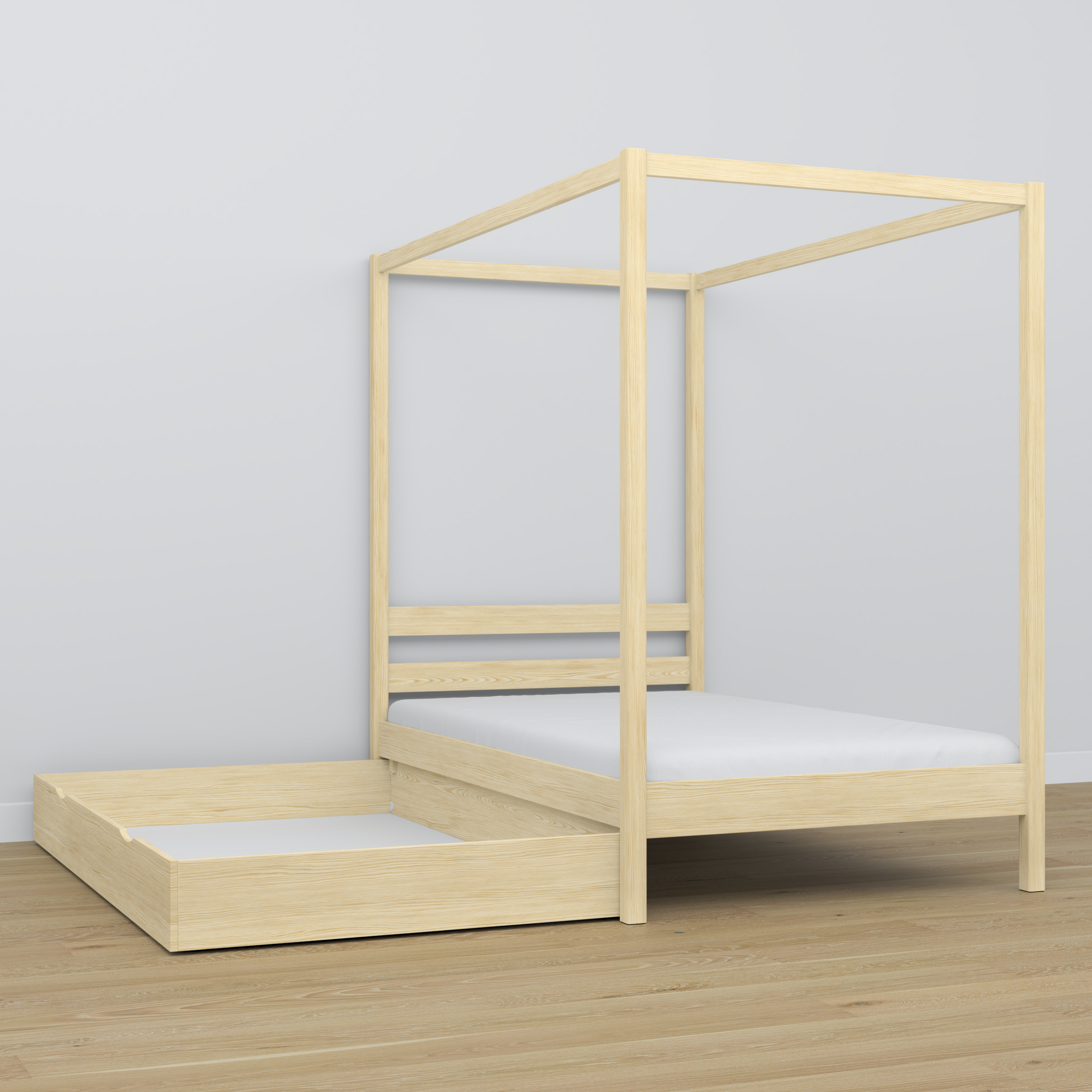 Wooden clear pine canopy bed in a child’s room – scandi arrangement