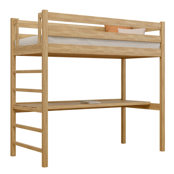 Cama alta de roble con escritorio N01 roble natural