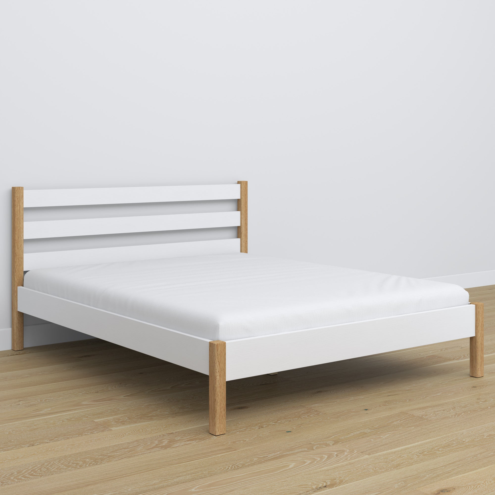 White and Oak Double Bed – Wooden Headboard, Close-up of Wood Quality