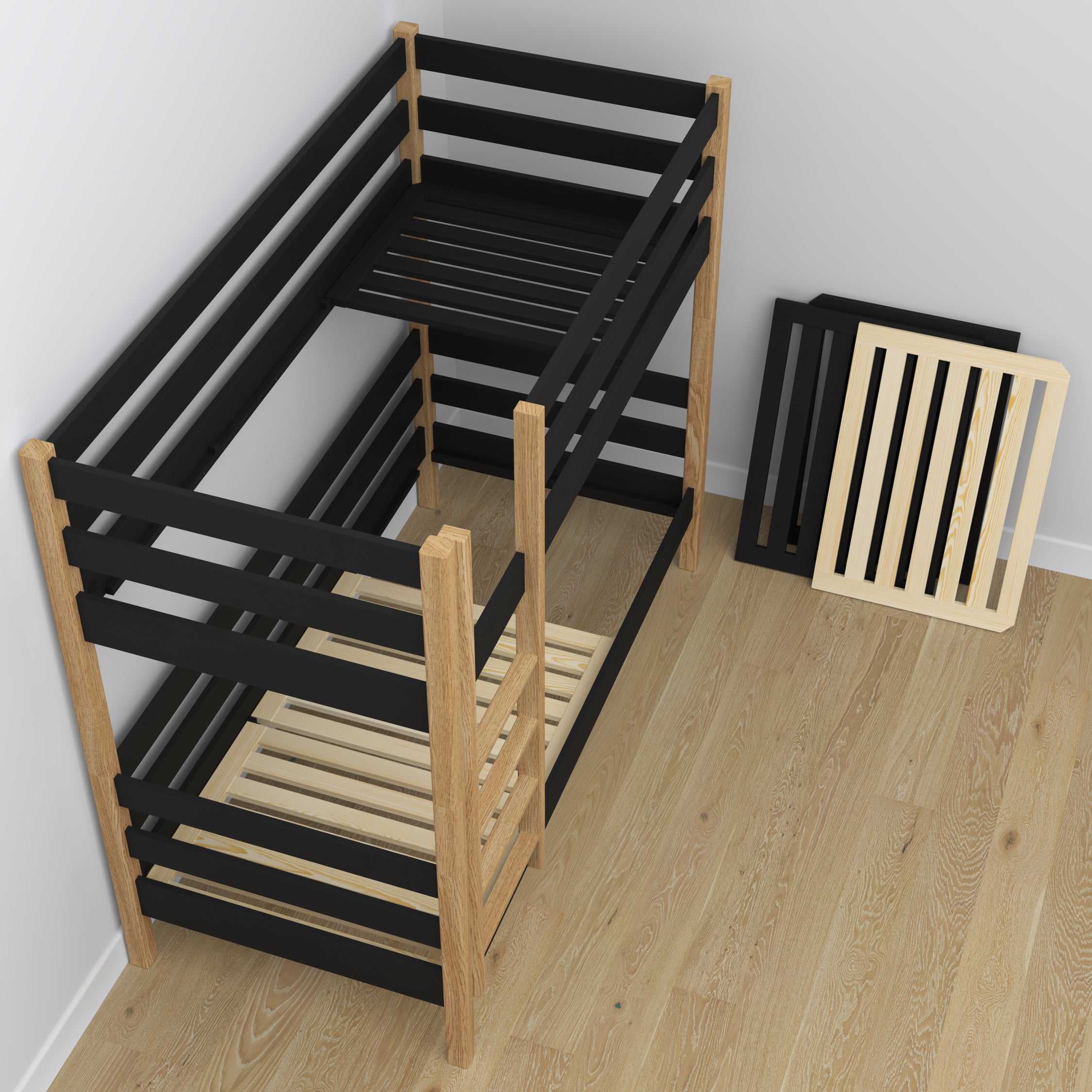 Black and Oak Wooden Bunk Bed with Drawer – Scandinavian Design, Nizio