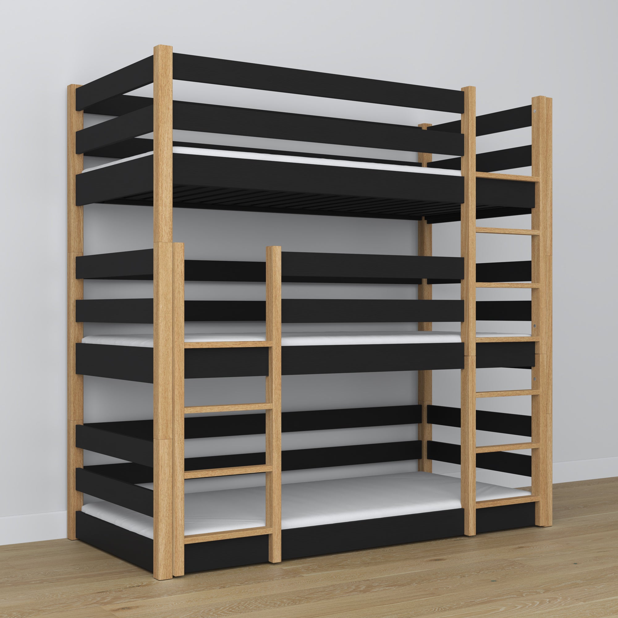 Triple bunk bed wooden black with oak – maximum use of room space