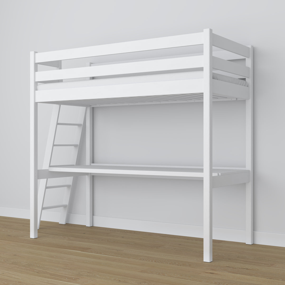 White Wooden Loft Bed with Desk – Frame and Slats, Nizio