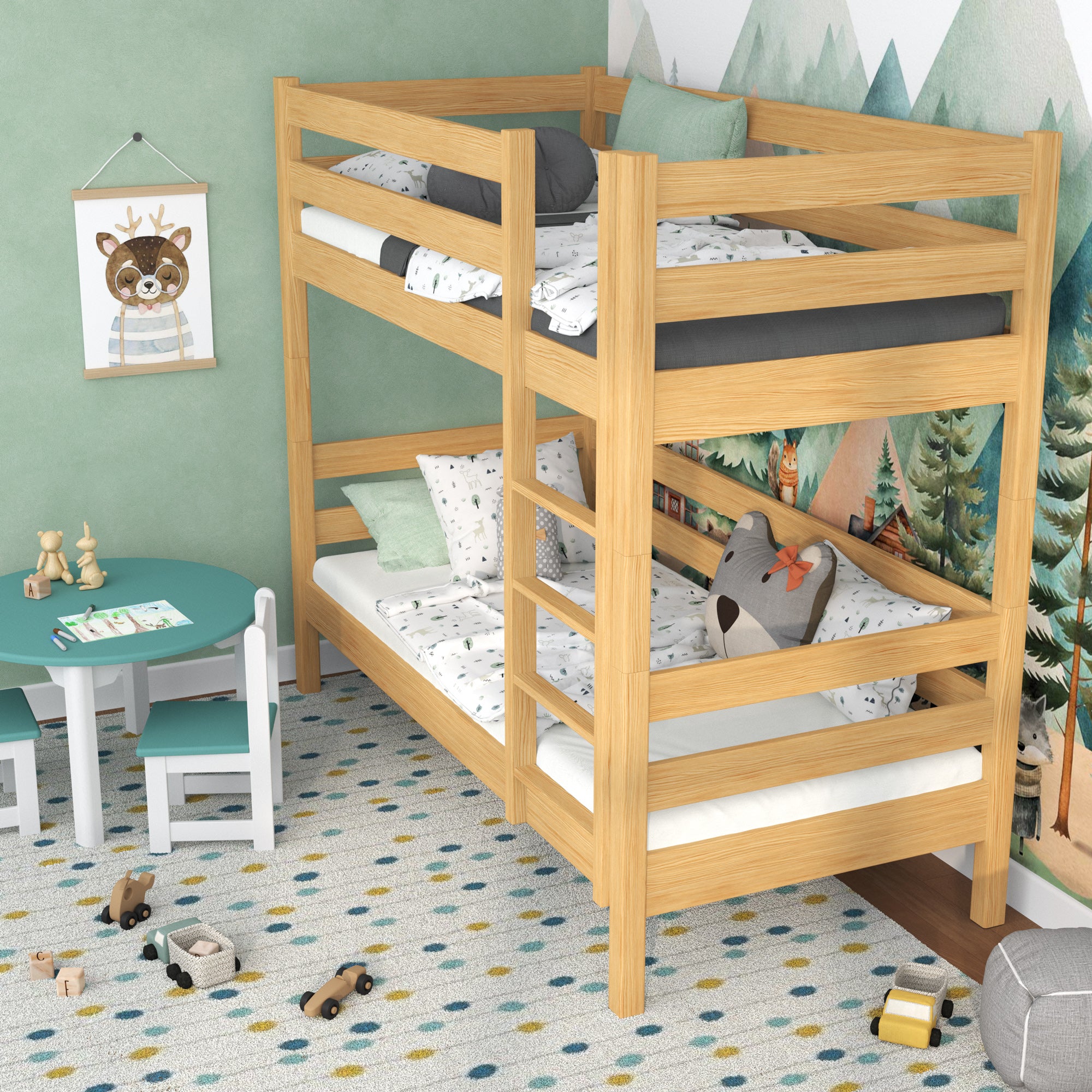 Natural Pine Wooden Bunk Bed – Two Sleeping Areas in One, Safe Construction
