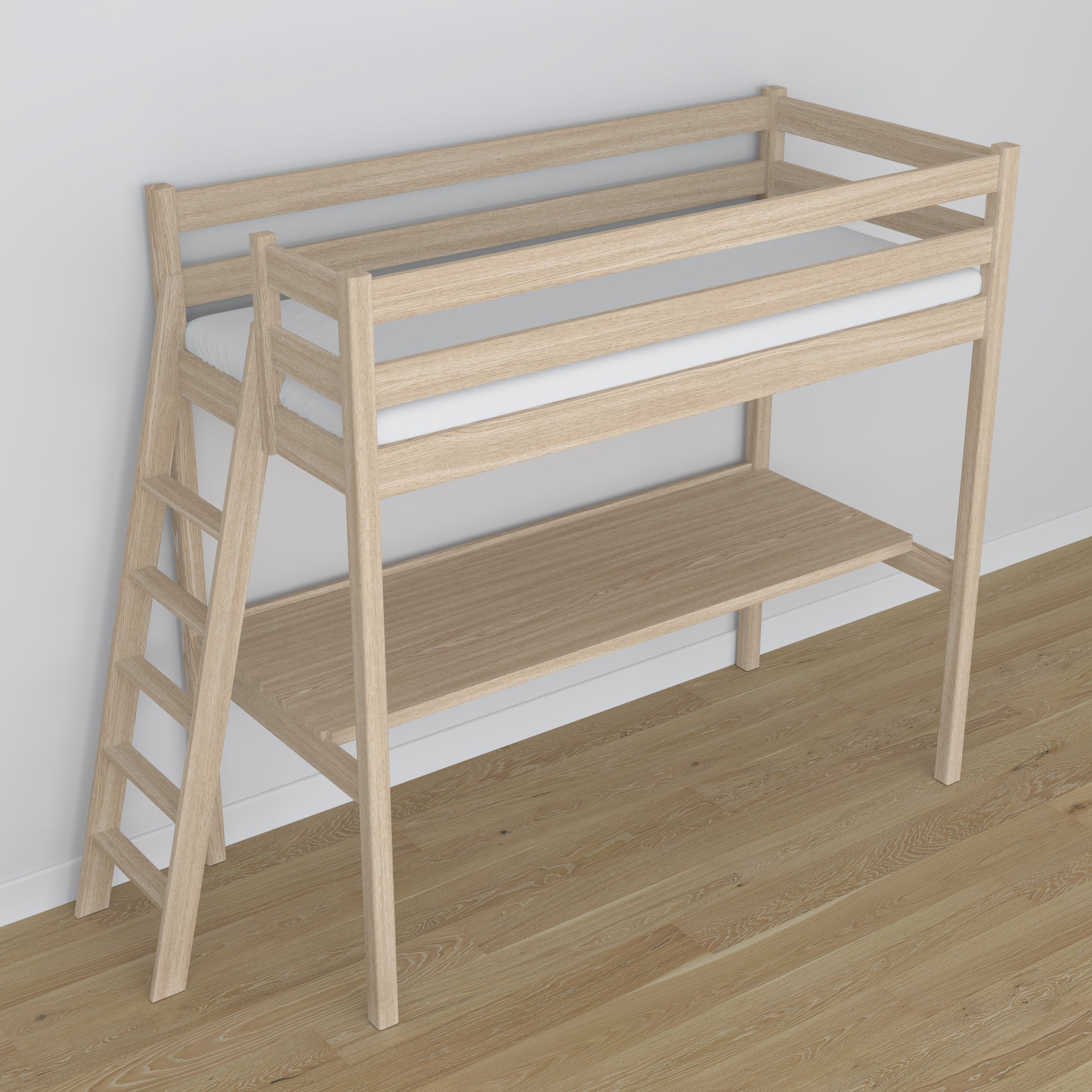 Loft bed bleached oak oak – top view of the sleeping area, Nizio
