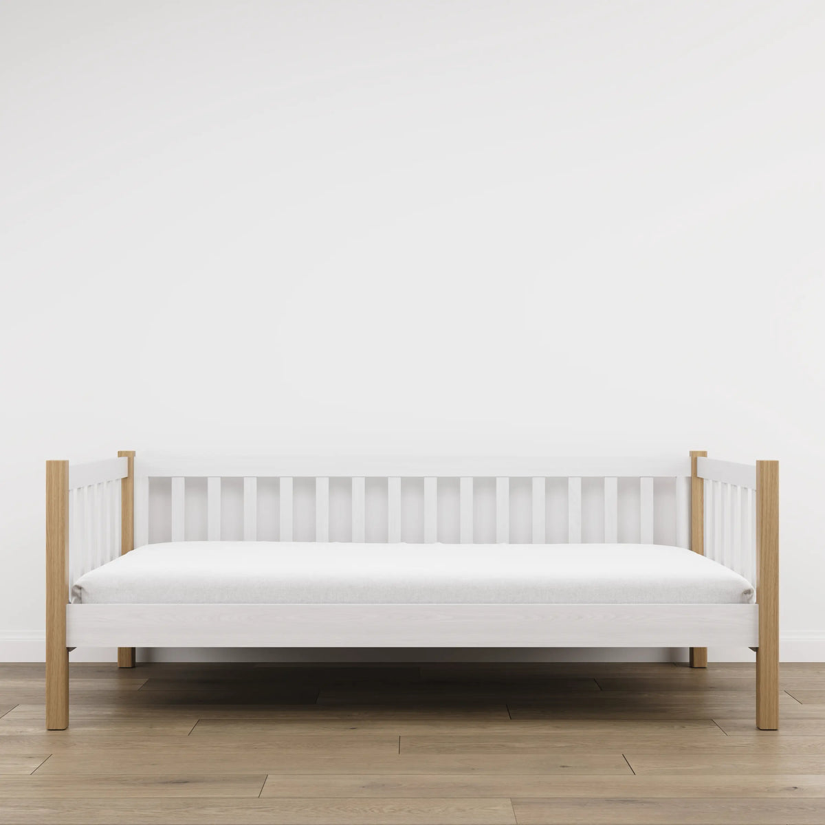 Sofa bed wooden white with oak – side view, shape and proportions of the furniture