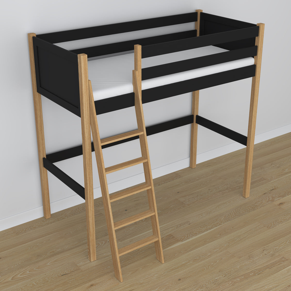 Loft bed black/oak wooden – top view of the sleeping area