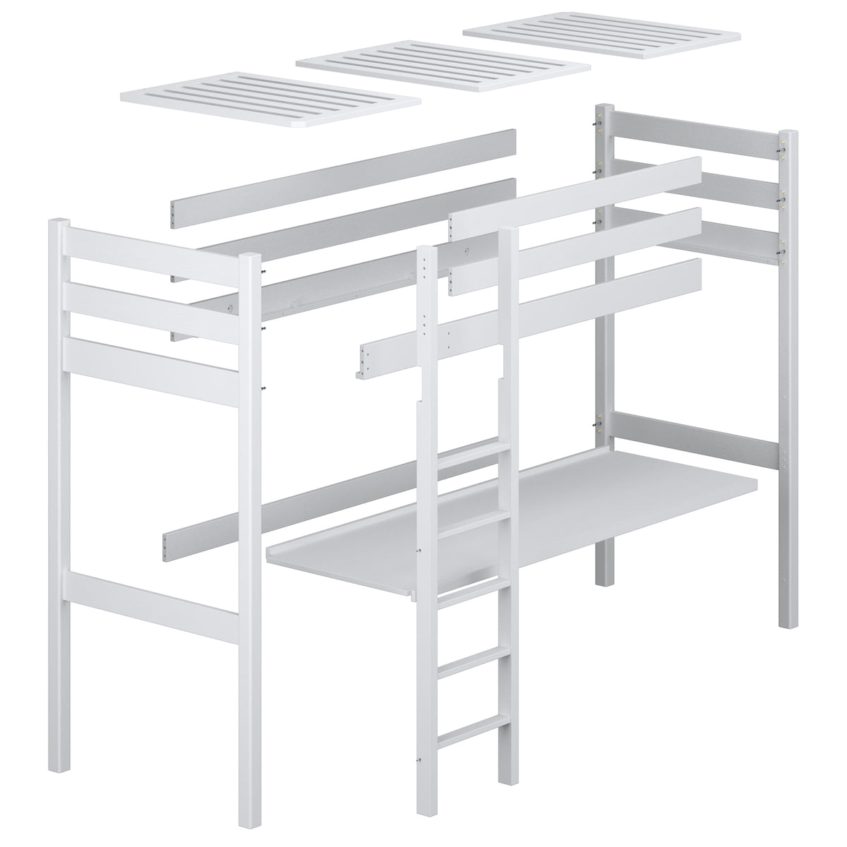 Loft bed white with desk – tabletop and wooden joints, close-up
