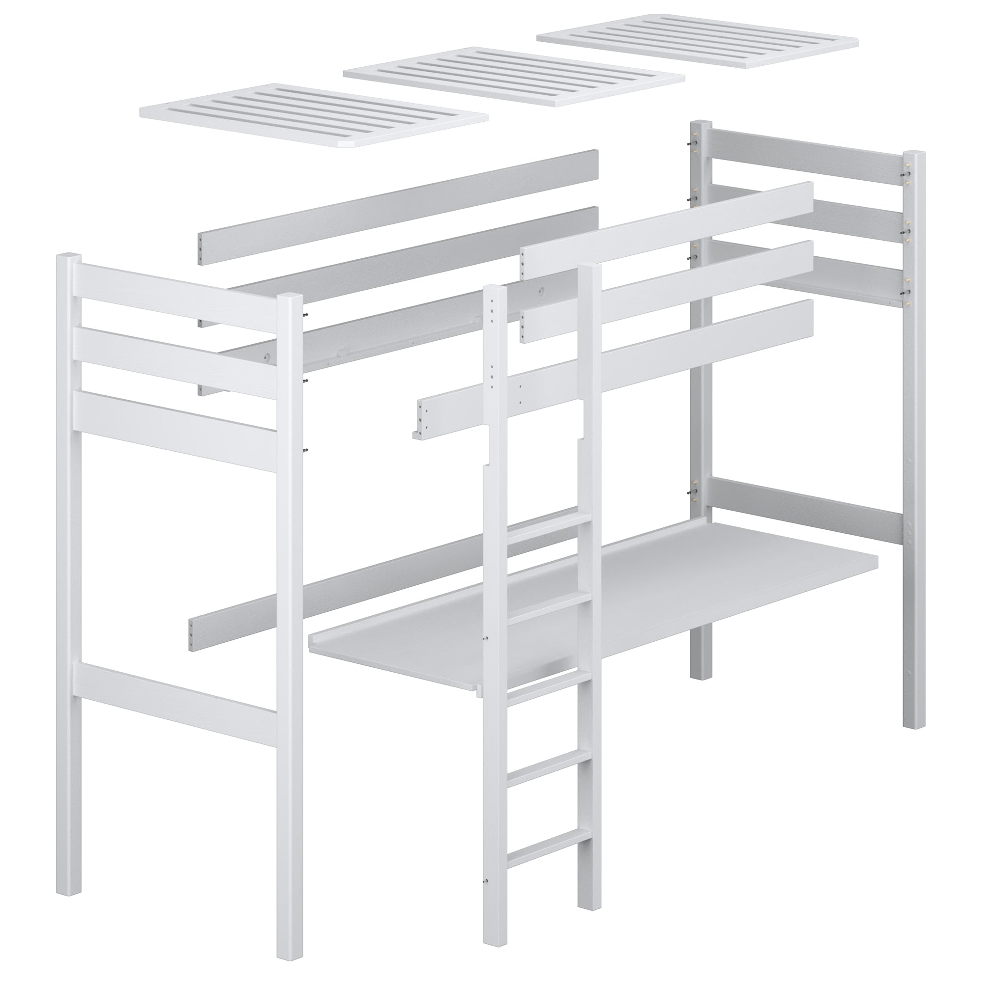 Loft bed white with desk – tabletop and wooden joints, close-up