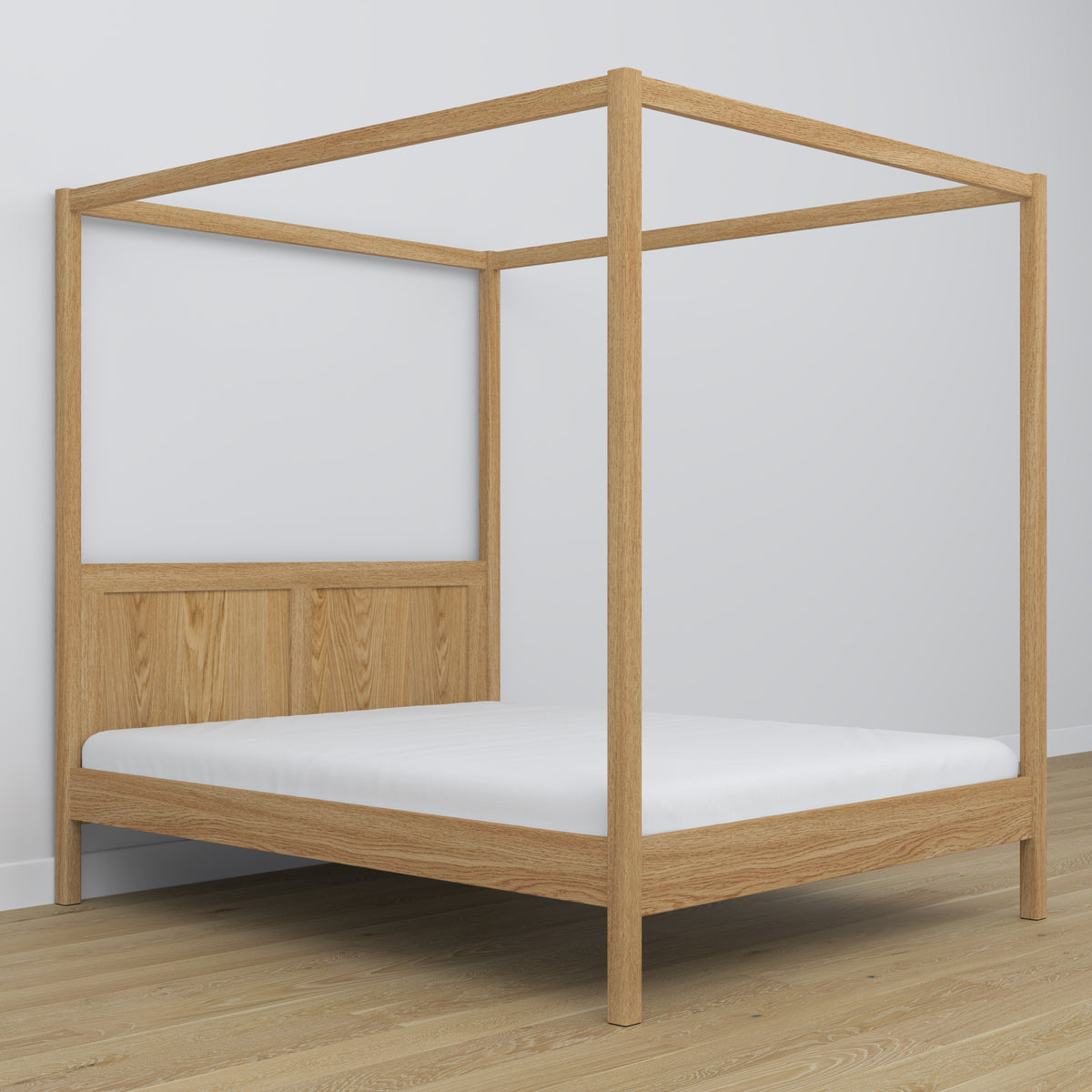 Double bed natural oak with canopy – decorative oak frame, scandi