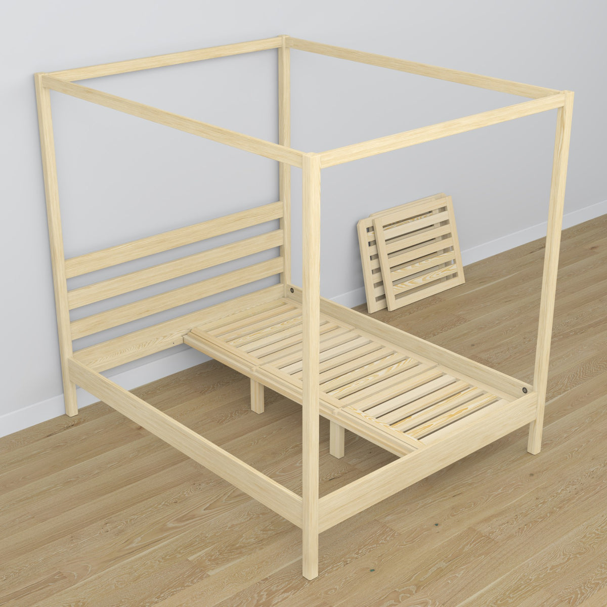 Canopy bed clear pine made of wood – side view, scandi style
