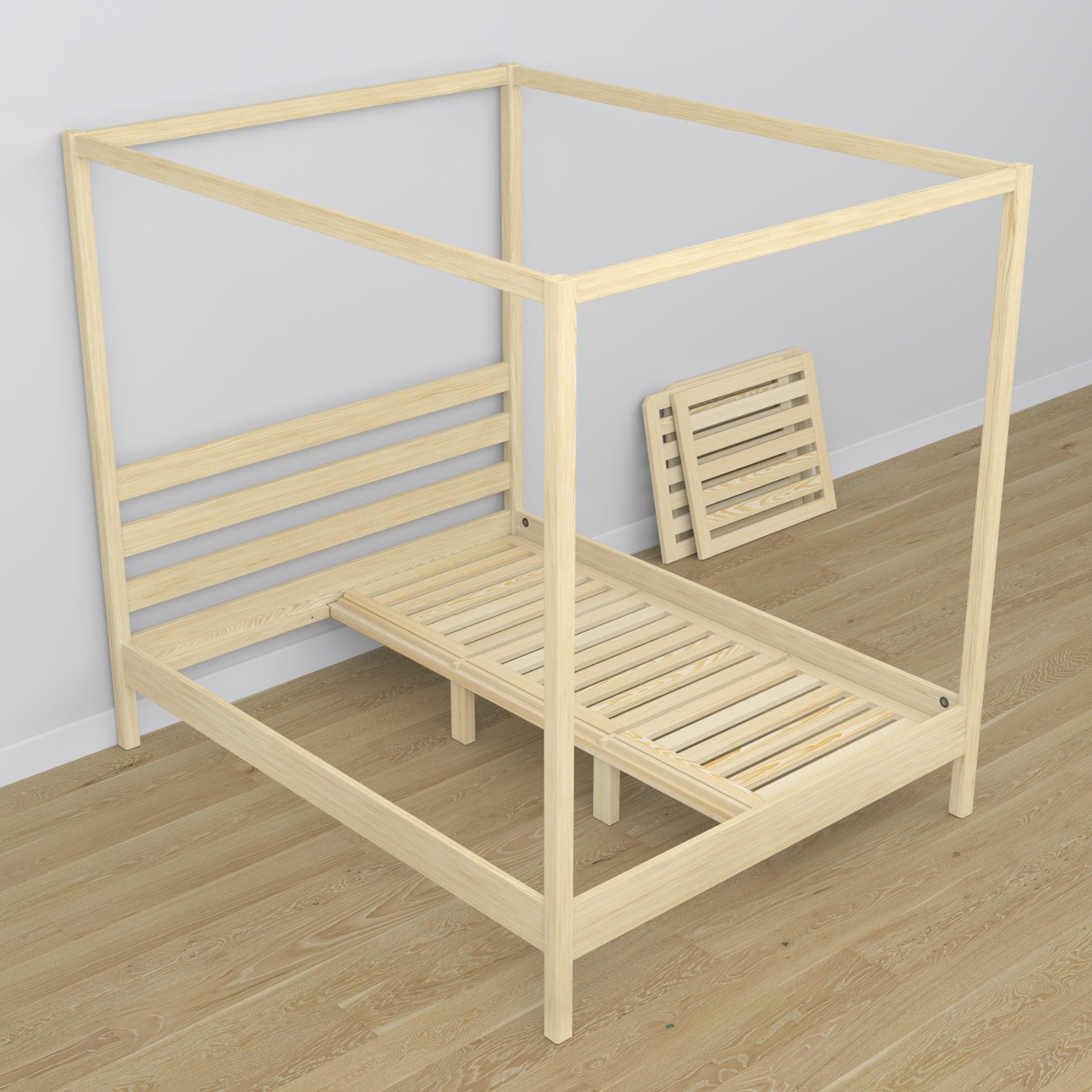 Canopy bed clear pine made of wood – side view, scandi style