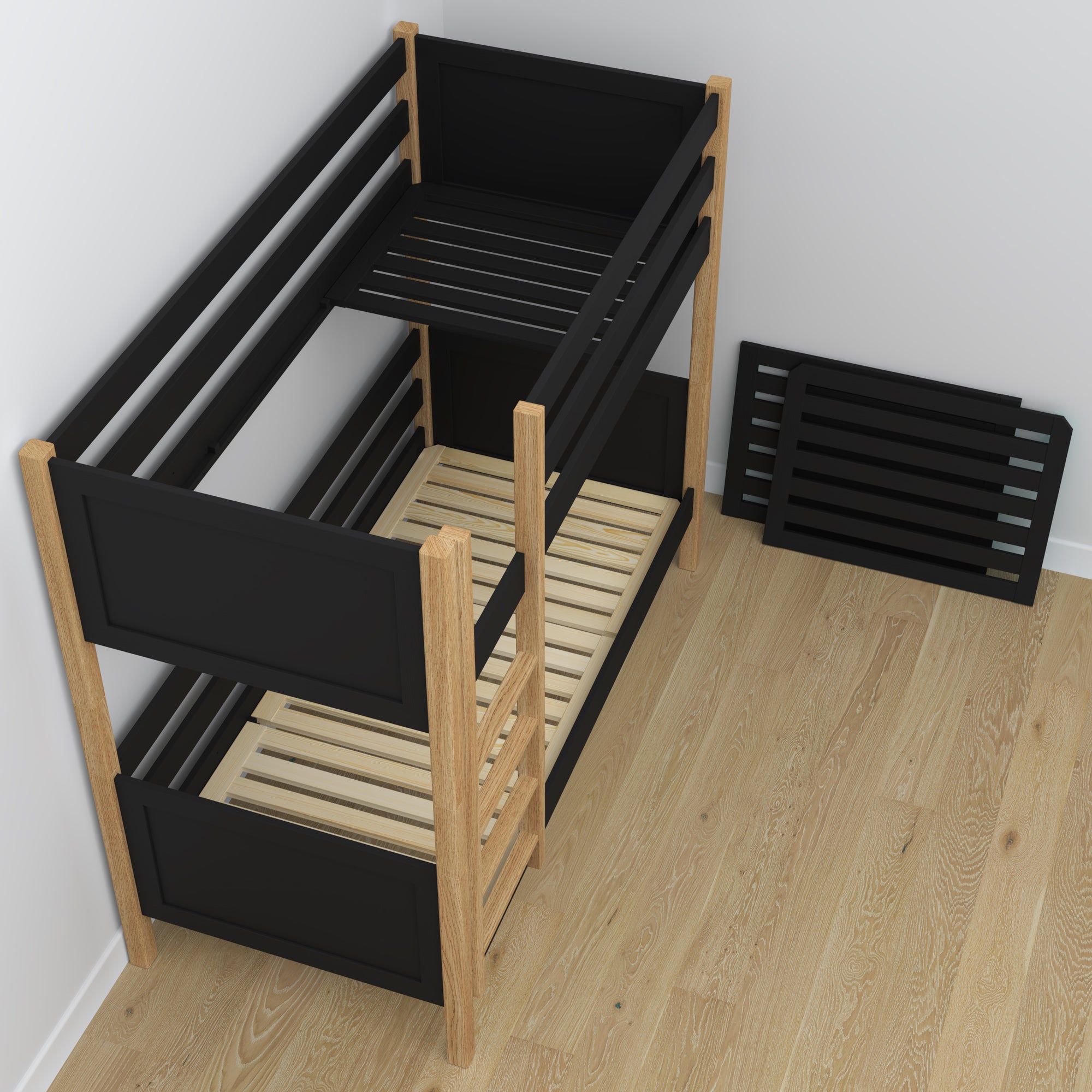 Bunk Bed with Mattress Drawer Black and Oak Wooden – Solid Wood, Scandi Style