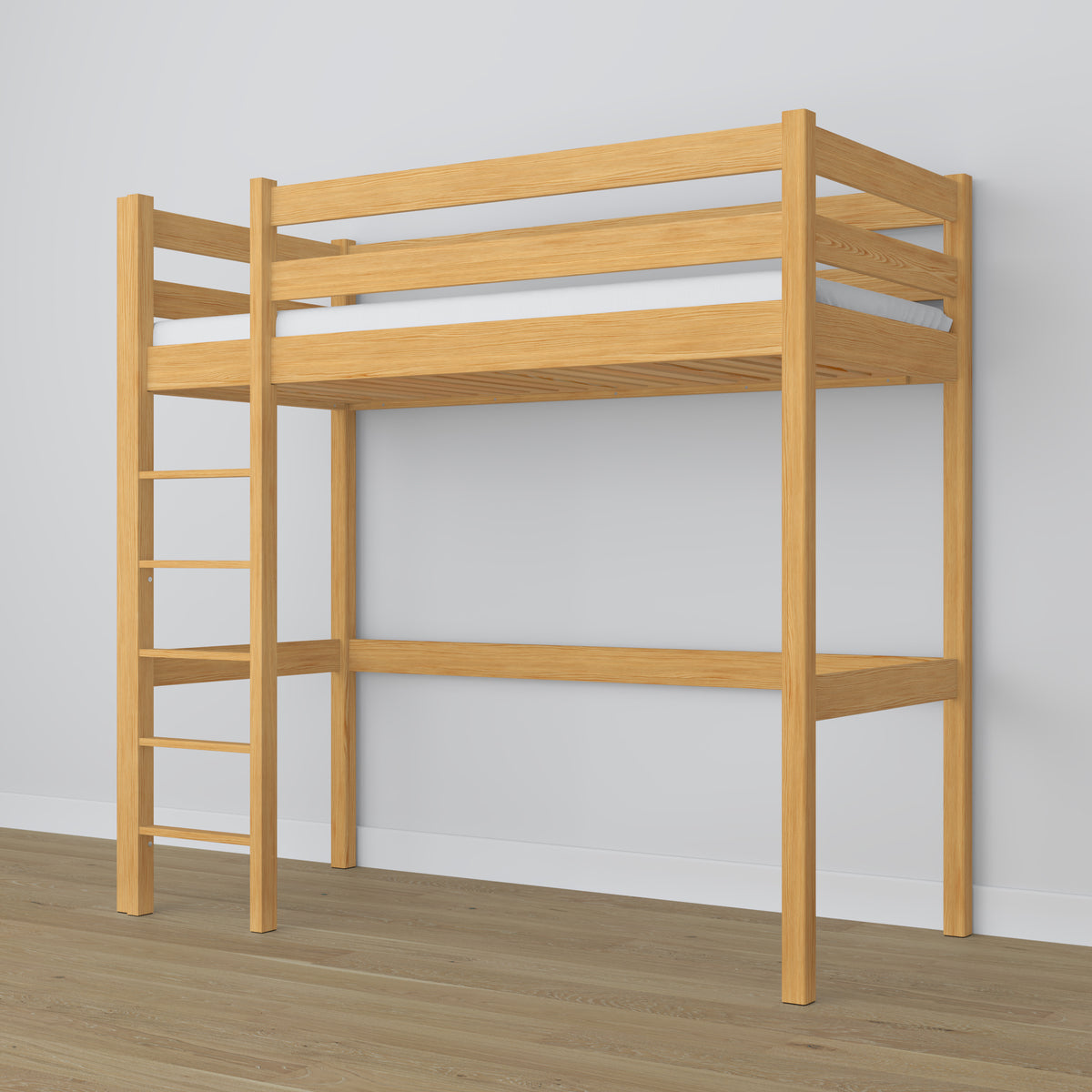 Loft bed natural pine in children’s room – scandi arrangement, wooden