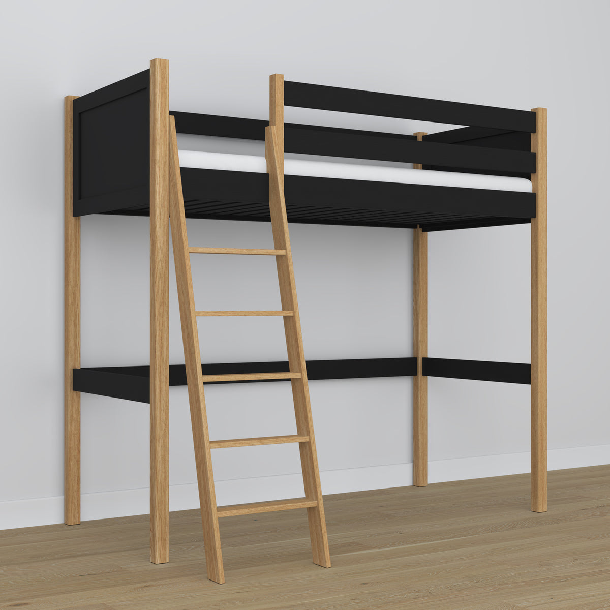 Black and Oak Wooden Loft Bed – Ladder and Joint Details, Nizio Home
