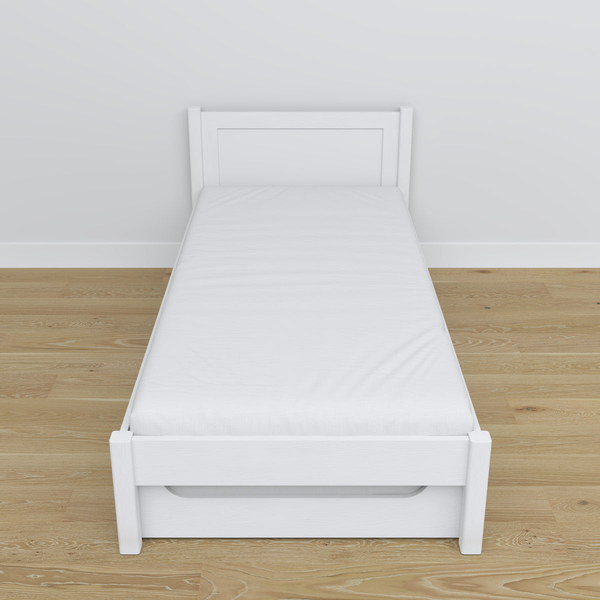 Bed white – mattress drawer, wooden details, Nizio Home