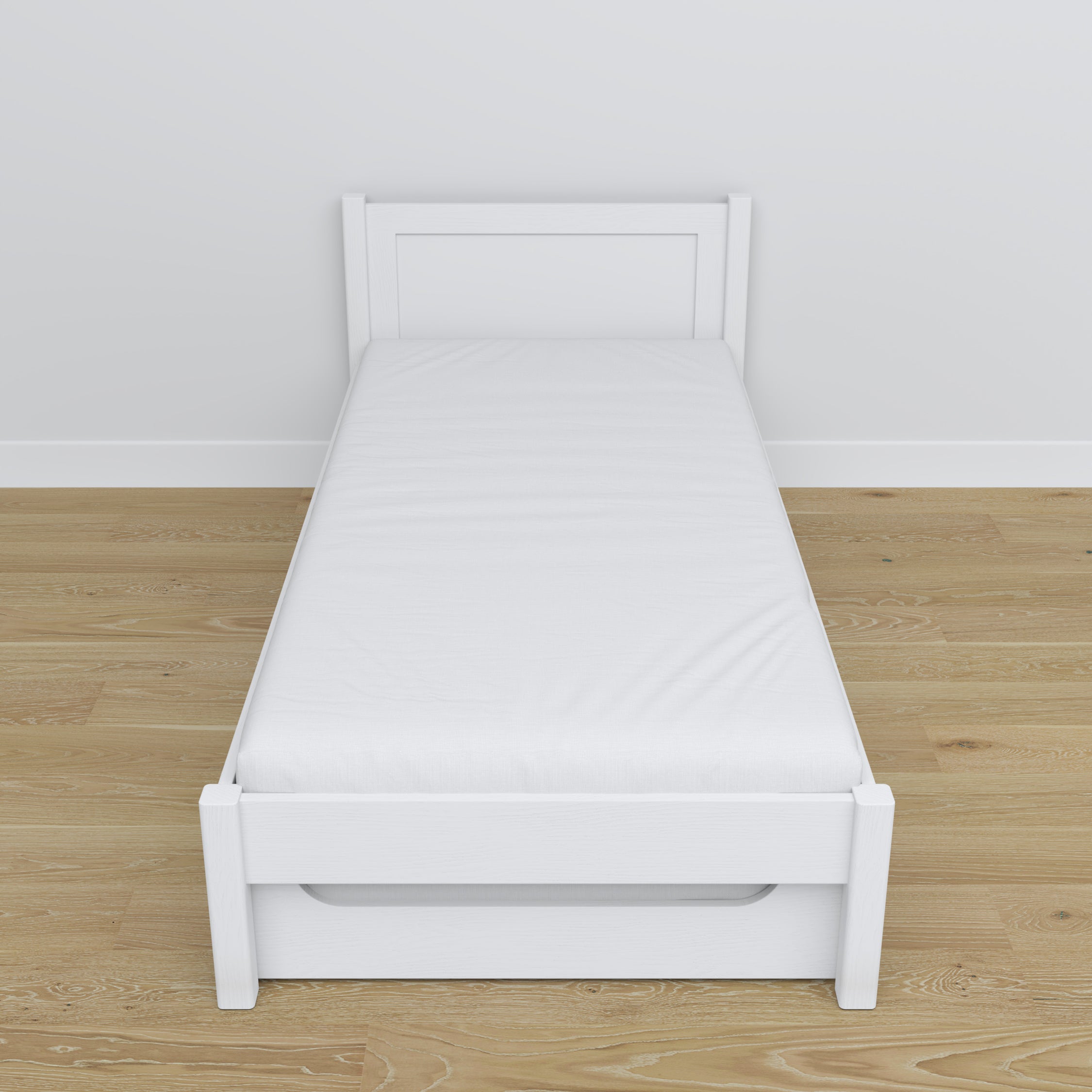 Bed white – mattress drawer, wooden details, Nizio Home