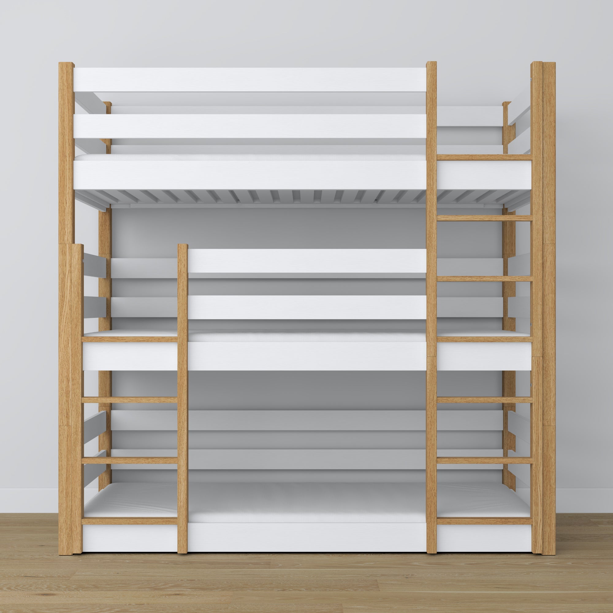 Triple bunk bed white with oak – ladder and safety rails, wooden