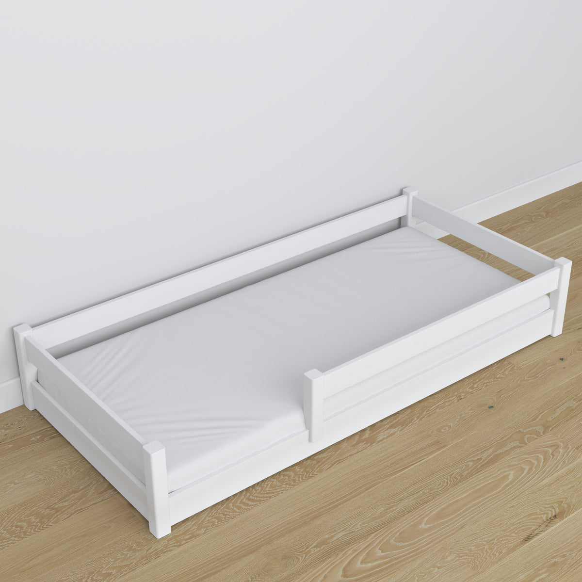 Low Bed White in Bedroom – Scandinavian Arrangement, Wooden