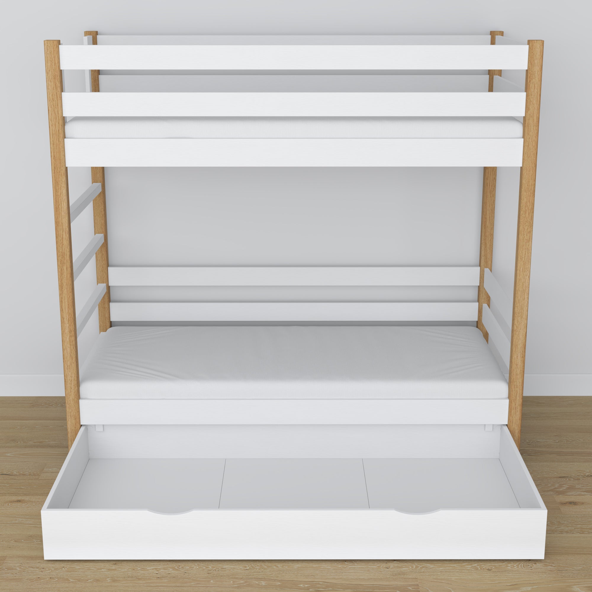 White and Oak Wooden Bunk Bed with Drawer – Scandi Children’s Room Arrangement