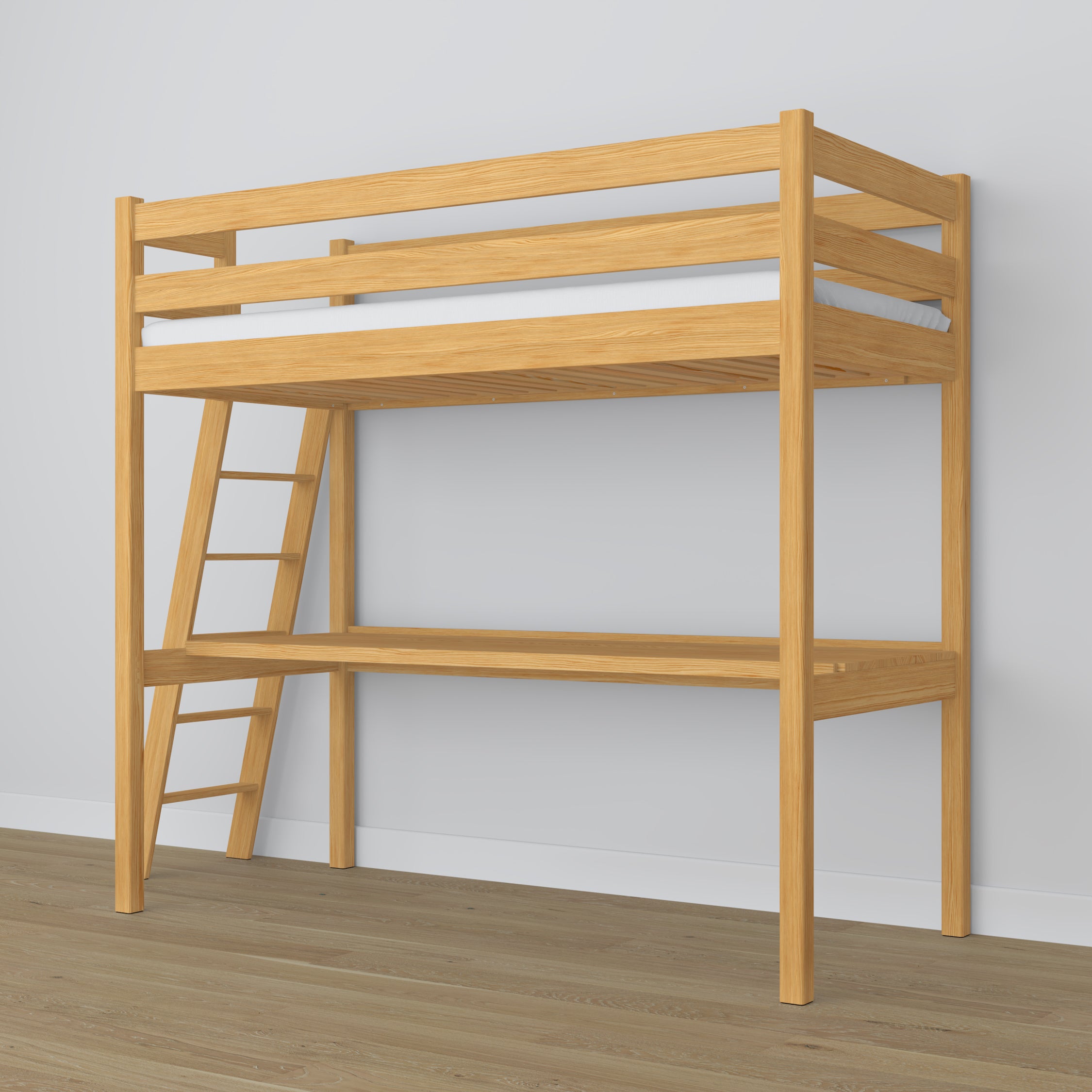 Loft bed natural pine – wooden desk under the sleeping area, scandi children’s room