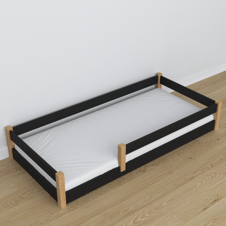 Low Bed Black and Oak in Bedroom – Scandinavian Arrangement, Wooden