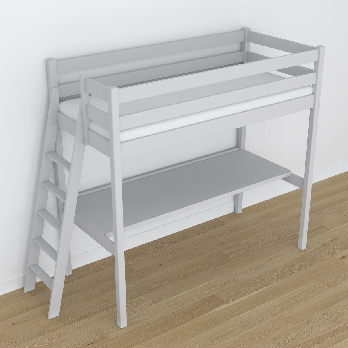 Loft bed grey wooden – top view of the sleeping area, Nizio