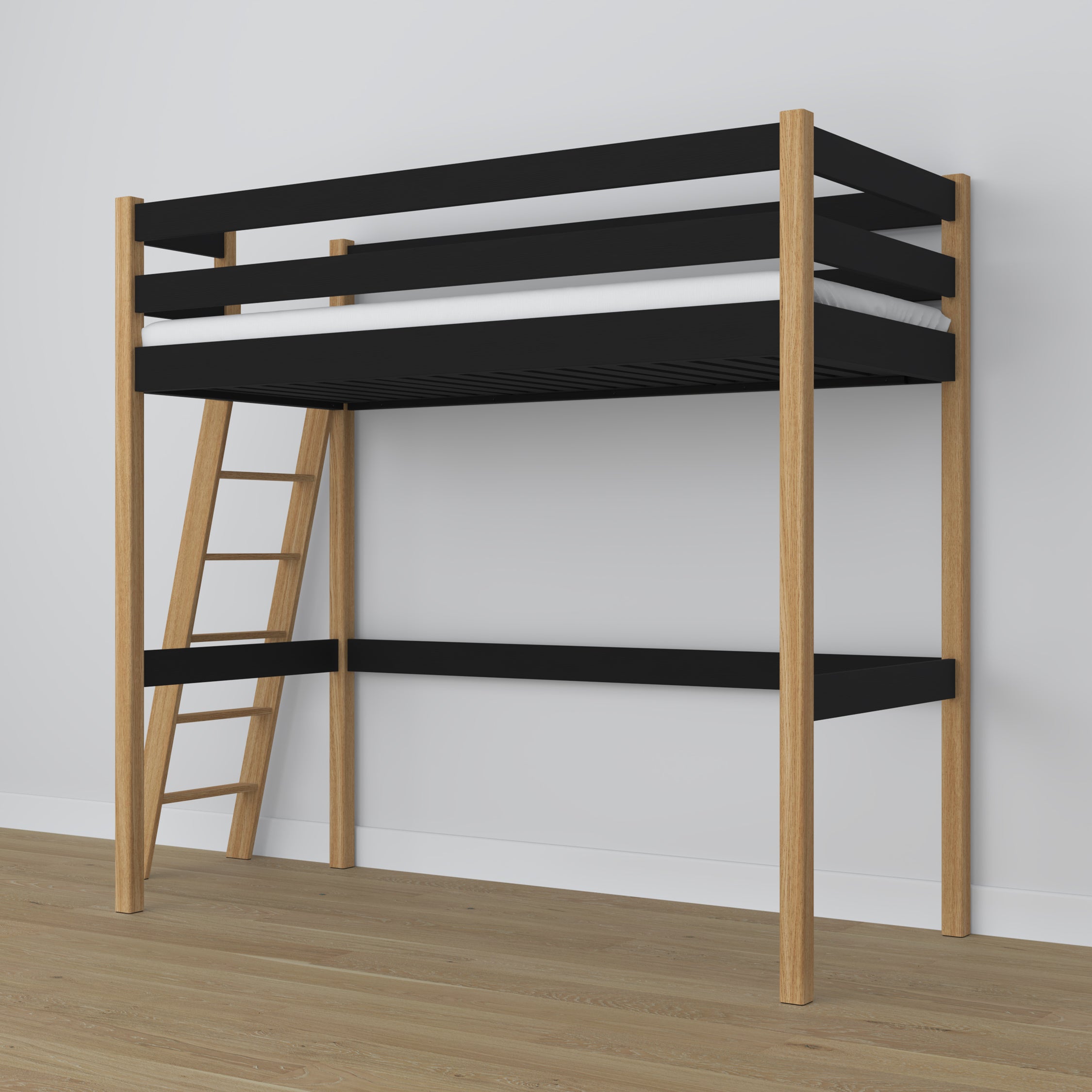 Loft bed black/oak wooden – top view of the sleeping area
