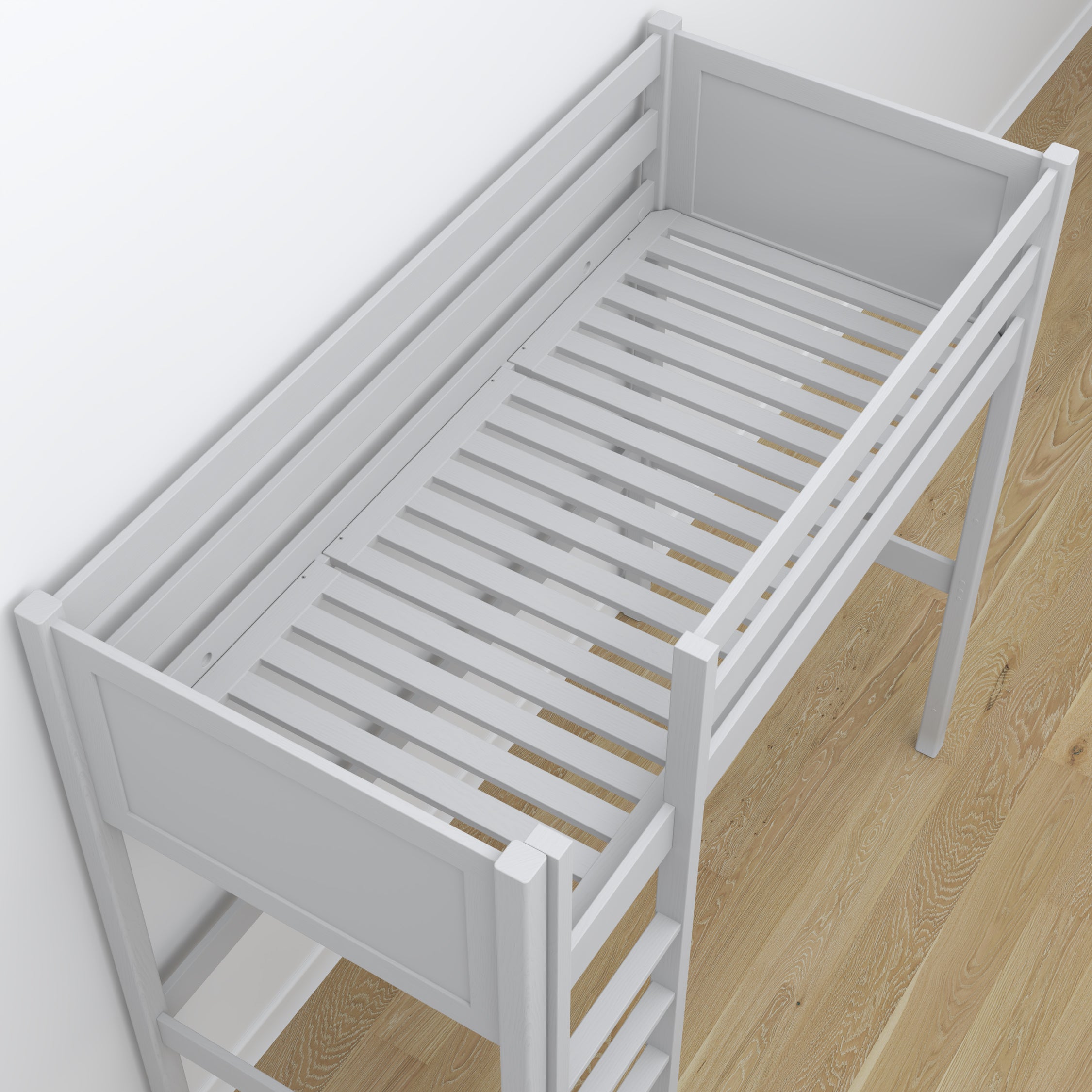 Loft bed grey – wooden desk under the sleeping area, scandi children’s room
